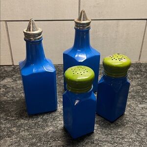 GEMCO Blue and Green Condiment Bottle Set Salt and Pepper/ Oil and Vinegar